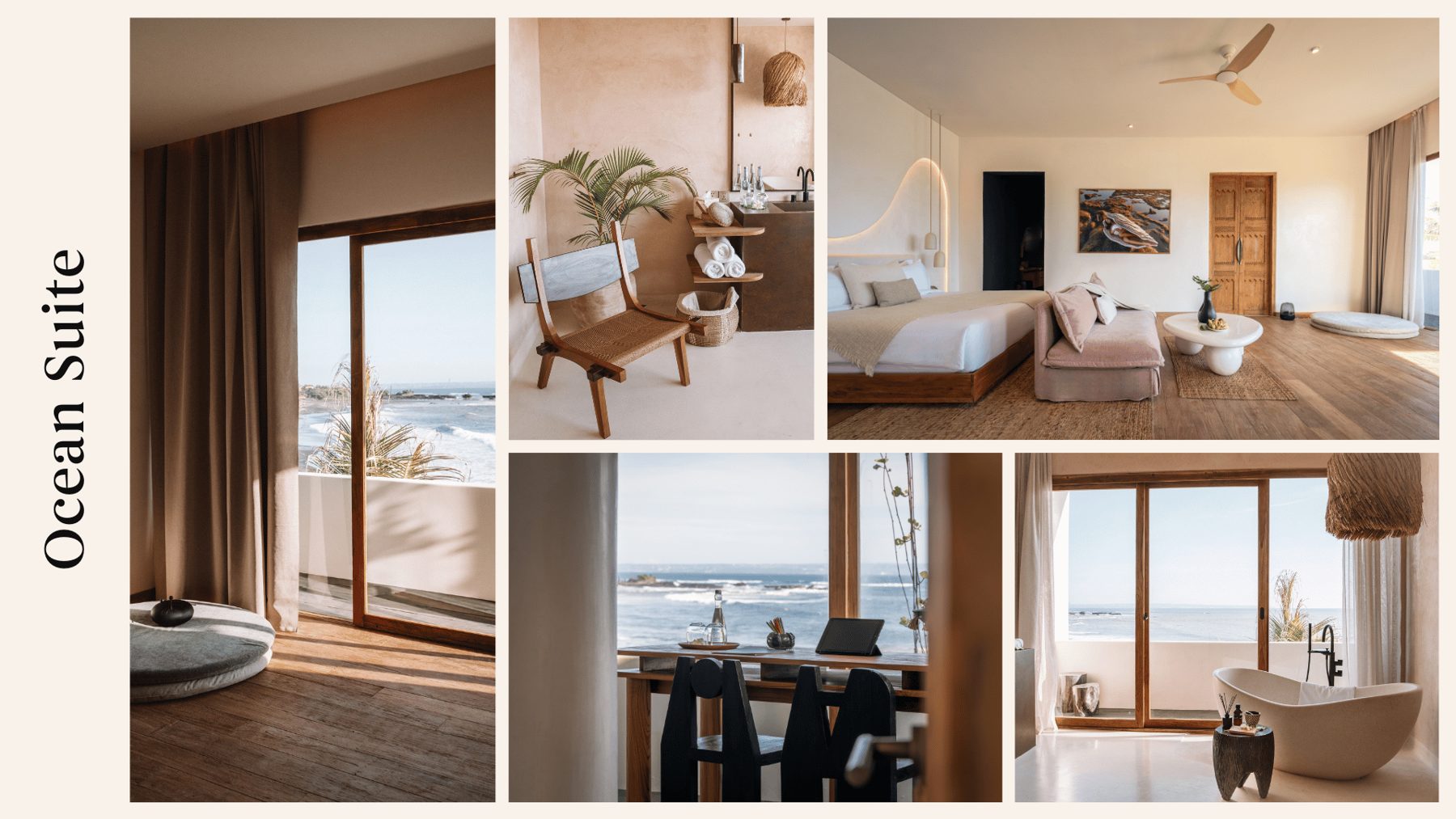 Ocean Suite interiors — bedroom, bathroom and desk with ocean views